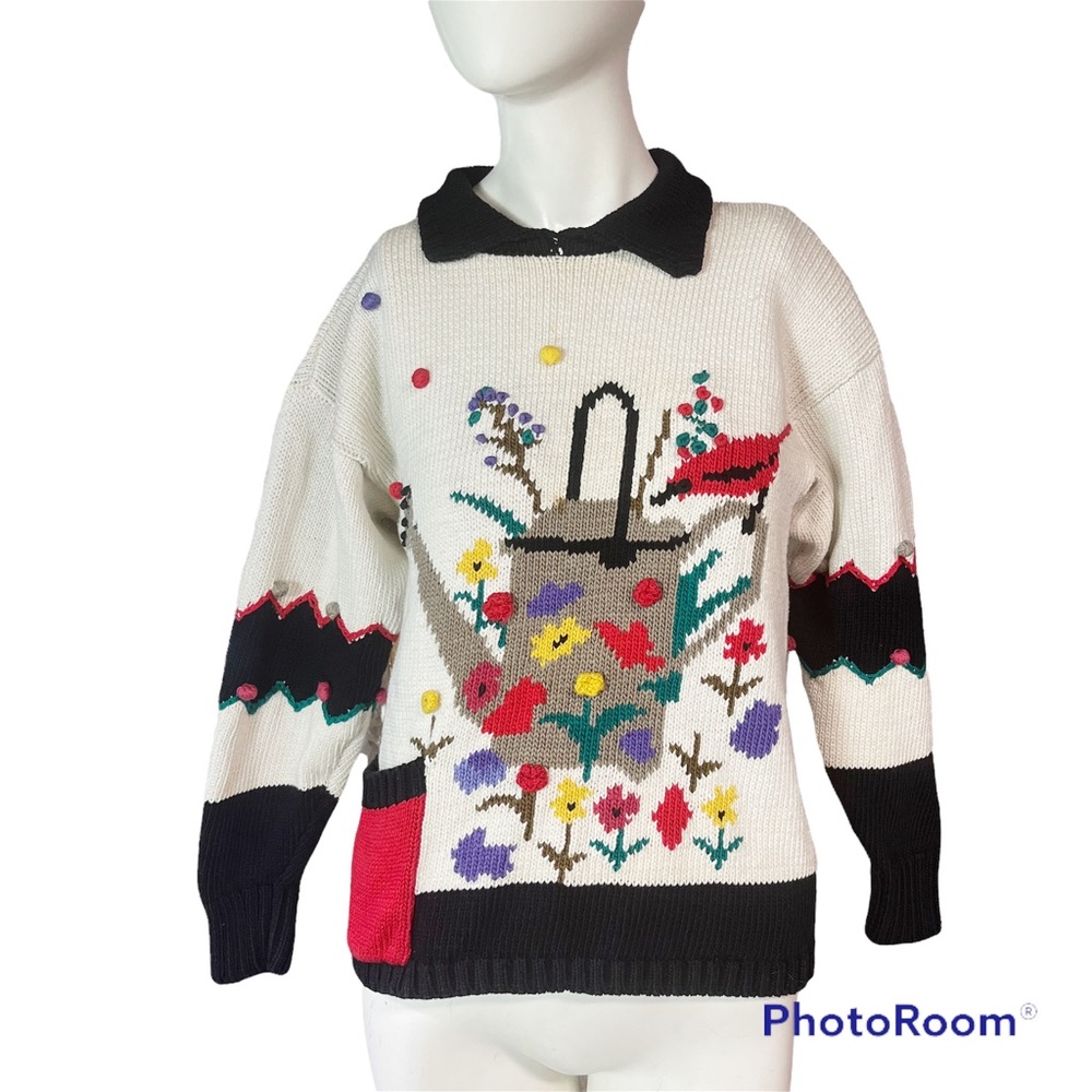 Vintage 80s Knit Sweater Womens Small Gardening Kitsch Flowers Bird Colorful